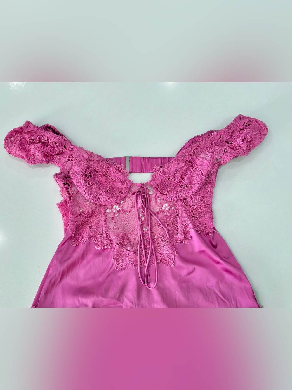 For Love & Lemons Casey Maxi Dress Pink Satin Lace Open Back Side Slit Women's M - Picture 9 of 9